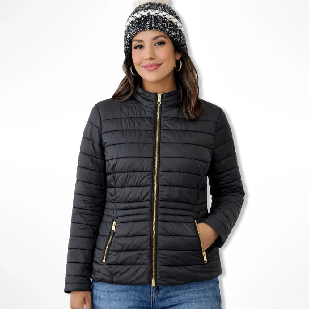 Collection Pimkie Black Nylon Puffer Jacket with Gold Zippers Size Large - Picture 11 of 11